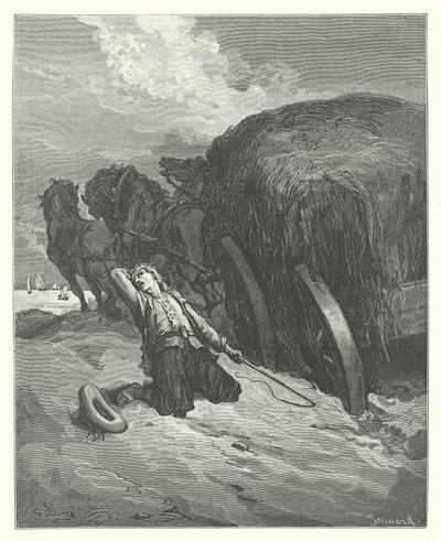 La Fontaines fabler: Vognen, der sidder fast i mudderet (kobberstik) af Gustave Dore