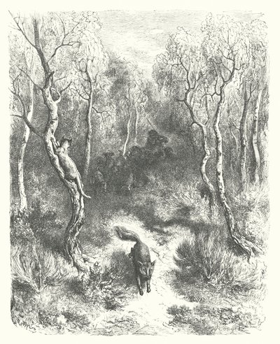 La Fontaines fabler: Katten og ræven (kobberstik) af Gustave Dore