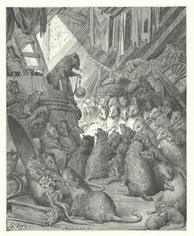 La Fontaines fabler: Rådet afholdt af rotterne (kobberstik) af Gustave Dore