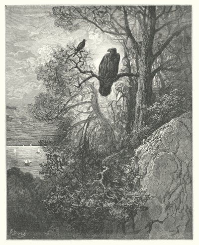 La Fontaines fabler: Ørnen og Skaden (kobberstik) af Gustave Dore