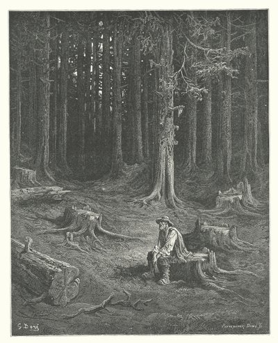 La Fontaines fabler: Skoven og træmanden (kobberstik) af Gustave Dore
