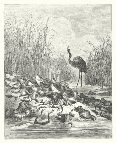 La Fontaines fabler: Frøerne, der bad om en konge (kobberstik) af Gustave Dore