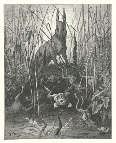 La Fontaines fabler: Haren og frøerne (kobberstik) af Gustave Dore