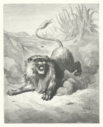 La Fontaines fabler: Løven og myggen (kobberstik) af Gustave Dore
