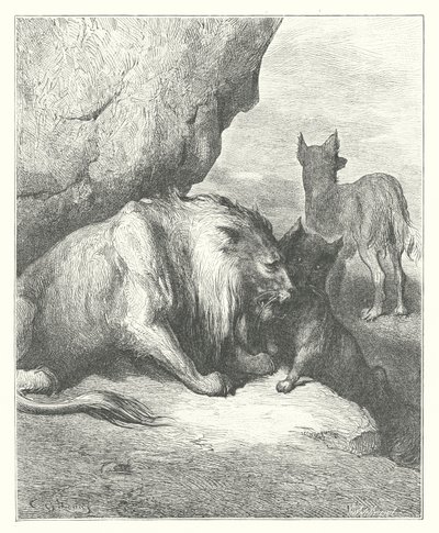 La Fontaines fabler: Løven, ulven og ræven (kobberstik) af Gustave Dore