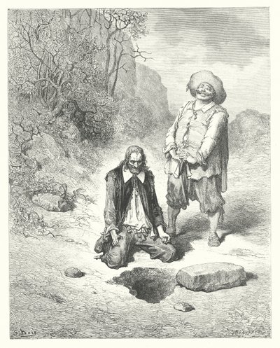 La Fontaines fabler: Den elendige, der mistede sin skat (kobberstik) af Gustave Dore