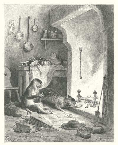 La Fontaines fabler: Aben og katten (kobberstik) af Gustave Dore