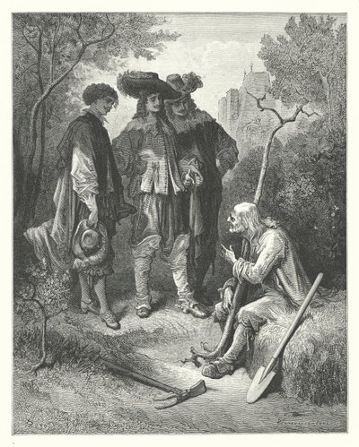 La Fontaines fabler: Den gamle mand og de tre unge mænd (kobberstik) af Gustave Dore