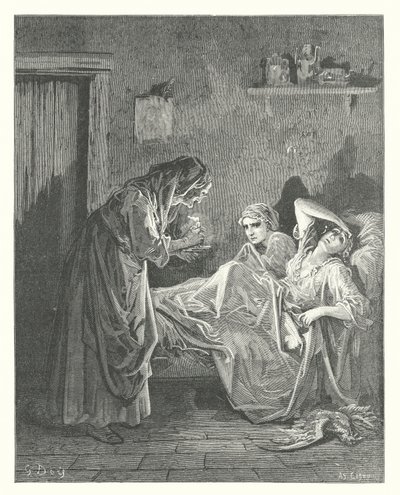 La Fontaines fabler: Den gamle kvinde og hendes tjenere (kobberstik) af Gustave Dore