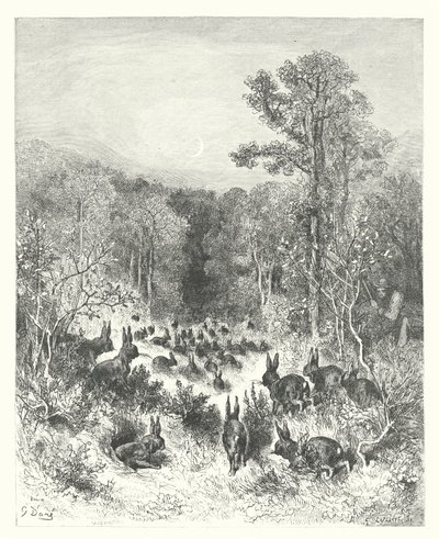 La Fontaines fabler: Kaninerne (kobberstik) af Gustave Dore