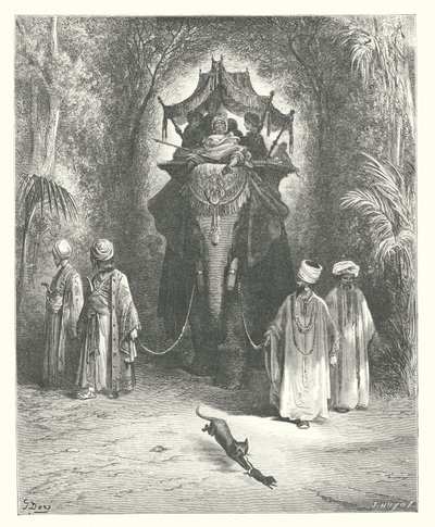 La Fontaines fabler: Rotten og elefanten (kobberstik) af Gustave Dore