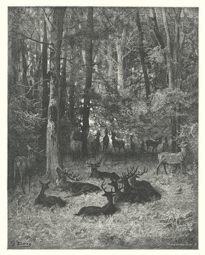 La Fontaines fabler: Den syge hjort (kobberstik) af Gustave Dore