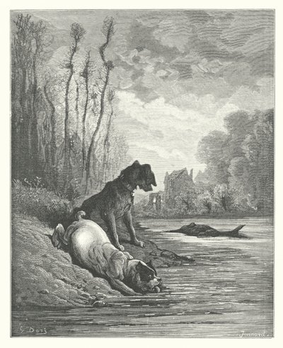 La Fontaines fabler: De to hunde og det døde æsel (kobberstik) af Gustave Dore