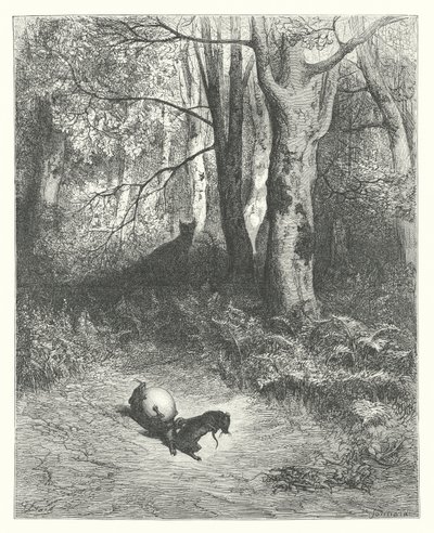 La Fontaines fabler: De to rotter, ræven og ægget (kobberstik) af Gustave Dore