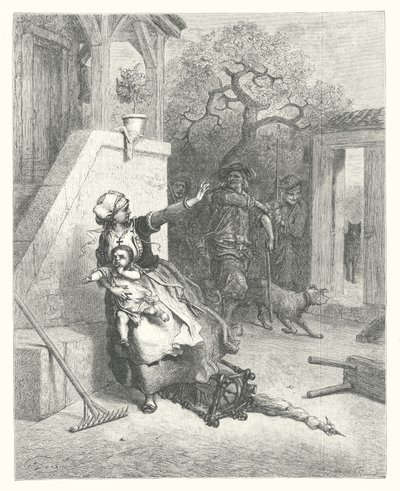 La Fontaines fabler: Ulven, moderen og barnet (kobberstik) af Gustave Dore