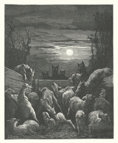 La Fontaines fabler: Ulvene og fårene (kobberstik) af Gustave Dore
