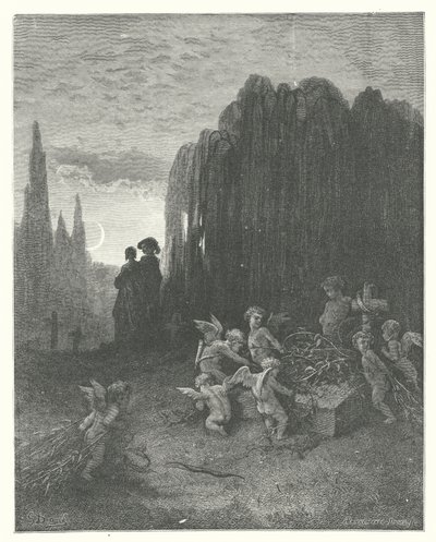 La Fontaines fabler: Den unge enke (kobberstik) af Gustave Dore