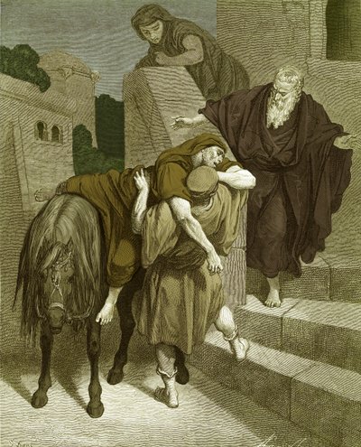 Den barmhjertige samaritaner på kroen, af Doré. - Bibel af Gustave Dore