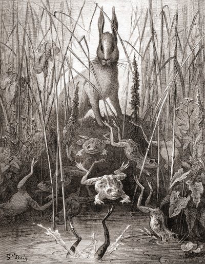 Haren og frøerne, fra en udgave af det sene 19. århundrede af Fables de La Fontaine (trægravering) af Gustave Dore