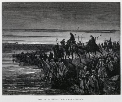 De hebraiske stammer går ind i Kanaan over Jordanfloden, Illustration fra Dore Bible af Gustave Dore
