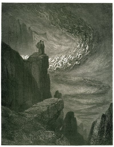 Dante Alighieris helvede (den guddommelige komedie) illustreret af Gustave Dore. Fransk udgave af 1861. ”Den infernalske storm, som aldrig bliver tilbage/efterlader ånderne med sit røveri. (Den infernalske orkan, som aldrig stopper, trækker ånder ind i sin af Gustave Dore