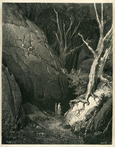 Dante Alighieris Helvede (Den guddommelige komedie) illustreret af Gustave Dore. Fransk udgave fra 1861. "Allor si mosse, ed io gli tenni dietro. (Så startede han, og jeg fulgte ham)", sang 1 v.136. af Gustave Dore