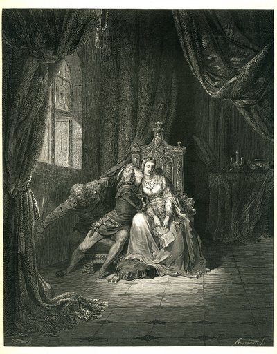 Dante Alighieris Helvede (Den guddommelige komedie) illustreret af Gustave Dore. Fransk udgave fra 1861. Francesca da Rimini og hendes elsker: "Quel giorno piu non vi leggemo avante. (Denne dag læser vi ikke videre)", sang 5. v. 138 af Gustave Dore