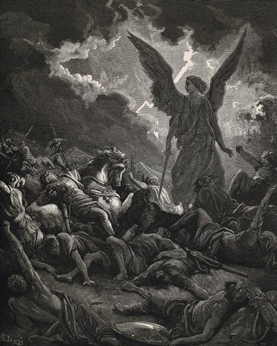 Den hellige bibel. 1866. SENNACHERIB (705-681 f.Kr.). Konge af Assyrien (705-681 f.Kr.). Herrens engel af Sankeribs hær. Gravering af Gustave Dore