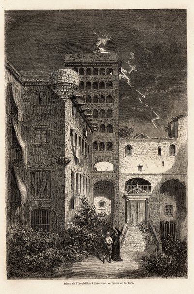 Inkvisitionsfængslet i Barcelona, tegning af Gustave Dore (1832-1883), for at illustrere hans rejse til Spanien, med C. Davillier, i 1862. Indgravering i "" Le tour du monde ", redigeret af Edouard Charton af Gustave Dore