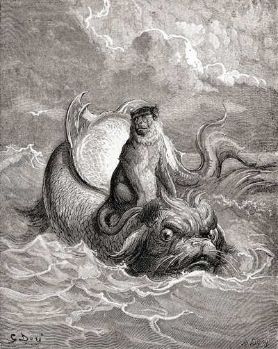 Aben og delfinen efter et værk af Gustave Dore til en La Fontaine-fabel. Fra Life and Reminiscences of Gustave Dore, udgivet i 1885. af Gustave Dore