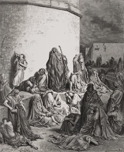 Folket sørger over ruinerne af Jerusalem, Lamentations 1:1-2 illustration fra Dores 
