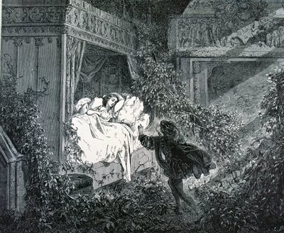Prinsen kommer ind i prinsessens soveværelse på det fortryllede slot, illustration til 