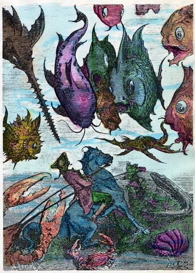 Baronen på sin hest krydser fisk i havbunden. Scene fra "Baron de Münchhausens eventyr" af Rudolph Erich Raspe (1736 - 1794), illustration af Gustave Dore. Slutningen af det 19. århundrede. af Gustave Dore