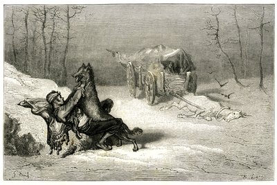 Røveren Agostin bliver angrebet af en ulv, og i nærheden af den døde hest, der stadig sidder i vognen, opgiver komikerne eller gemmer den lille Chiquita. Kobberstik af Gustave Dore, der illustrerer Theophile Gautiers roman "Le capitaine Fracasse", edition  af Gustave Dore
