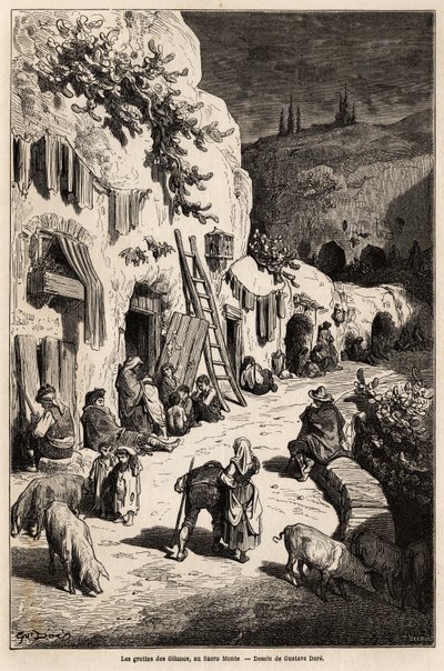 Sigøjnernes huler (underjordiske huse) i Sacro Monte, i Granada. Tegning af Gustave Dore (1832-1883), til illustration af hans rejse til Spanien i 1862, ledsaget af Ch.Davillier. Indgravering i "" Le tour du monde"", redigeret af Edouard Charton af Gustave Dore