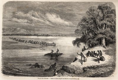 Overfarten af Colorado-floden med flåde, ledsaget af nogle Mohaves-indianere, tegning af Gustave Dore (1832-1883), for at illustrere Mississippi-rejsen til Stillehavet i 1853-54 af Baudouin Mollhausen (1825-1905). Indgravering i "" Le tour du af Gustave Dore