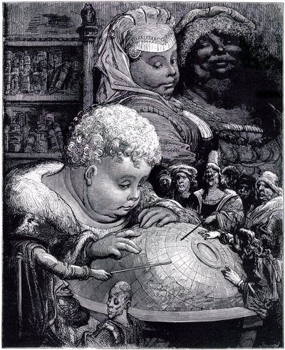 Uddannelsen af Gargantua: kæmpen, barnet, studerer en klode med sine lærere under sine forældres øjne af Gustave Dore