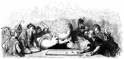 Gant Gargantua-barnets uddannelse: Han lærer at spille des. Illustration af Gustave Dore til Francois Rabelais