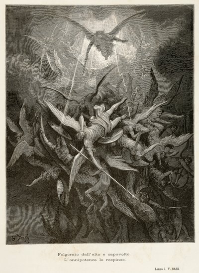 Englenes fald, scene fra Paradise Lost af John Milton (1608-1674), illustration af Gustave Dore