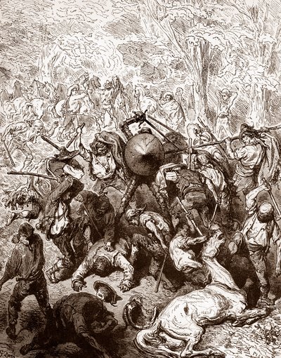 Kampen mod multererne fra Yanguas Gravering af Gustave Dore (1832-1883) for "The Ingenieux Hidalgo Don Quixotte de la Manche (Quixotte - Quijote)" af Miguel de Cervantes (1547-1616) 1863 Privat samling af Gustave Dore
