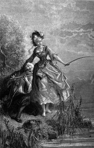 Fisken og hyrden spiller på fløjte. Lyden af fløjten fungerer som lokkemad. Fabler af Jean de La Fontaine (1621-1695). Illustration af Gustave Dore. af Gustave Dore