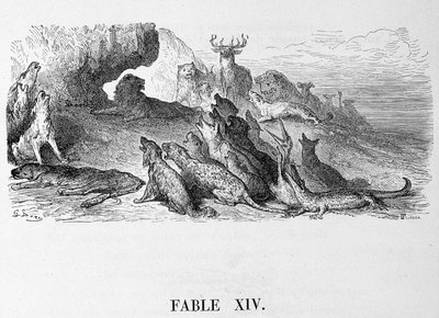 Begravelsen af løvinden - i "" Fables"" de La Fontaine, ill. af Doré af Gustave Dore