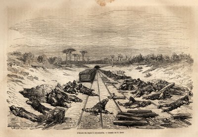 Hviletimen i Argamasilla hviler de mange jernbanearbejdere, der ligger på banen, i fuld sol. Gravering til illustration af rejsen til Spanien af Gustave Dore (1832-1883) illustrator og baron Ch. Davillier reaktor, i 1862, offentliggjort i "Le tour du monde af Gustave Dore
