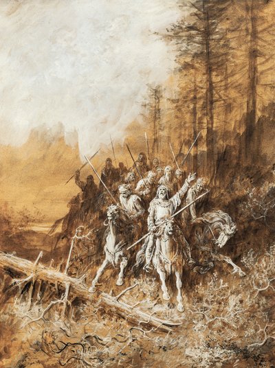 The march of knights, illustration til serier af digte, Idylls of King af Albert Tennyson (1809-1892), akvarel af Gustave Dore