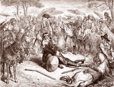 Købmændene i Toledo ser på, mens en af deres muldyrsdrivere slår Don Quixote Gravering af Gustave Dore (1832-1883) til "The Ingenieux Hidalgo Don Quixote Quixote" af Miguel de Cervantes (1547-1616)) 1863 Privat samling af Gustave Dore