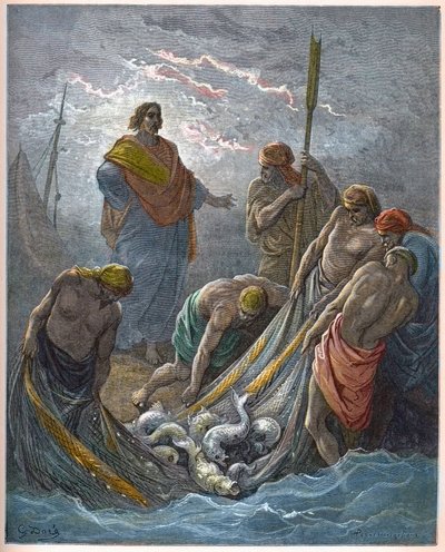 Det mirakuløse træk af fisk - Mirakuløst fiskeri - - Indgravering i "The Bible illustree" af Gustave Dore (1832-1883) - Indgravering fra "" The Dore Bible"" af Gustave Dore