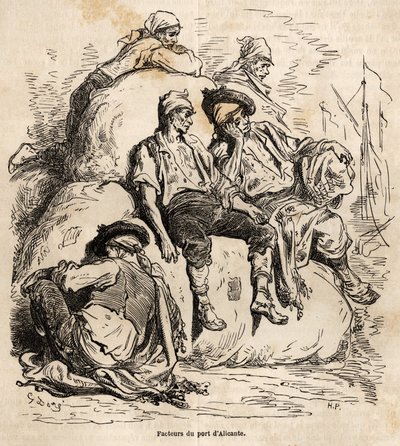 Luren for transportørerne i Alicantes havn, skitse lavet på Gustave Dores livlige (1832-1883), for at illustrere hans rejse til Spanien i 1862 med Ch. Davillier. Indgravering i "" Le tour du monde"", redigeret af Edouard Charton af Gustave Dore