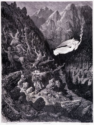 Den gamle mand, der holder en pung og sin stok, der går i et fjendtligt landskab, overvindes af en engel, der vifter med en ildsfart, Tavle VII - Illustration af Gustave Dore (1832-1883), til La legende du Jew wandering af Pierre Dupont, Edition Librairie  af Gustave Dore