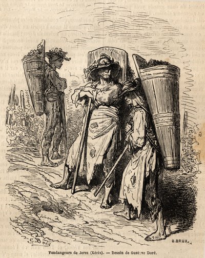 Plukkerne af Xeres. Tegning af Gustave Dore (1832-1883), til illustration af hans rejse til Spanien i 1862, med Ch. Davillier. Indgravering i "" Le tour du monde"", redigeret af Edouard Charton af Gustave Dore