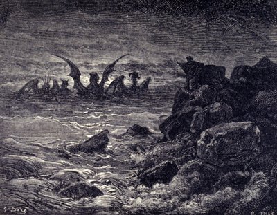 Profeten Daniel ser monstre dukke op: Haniel, Kafziel, Azriel, Aniel. Indgravering fra Bibelen illustreret af Gustave Dore. 19. århundrede af Gustave Dore
